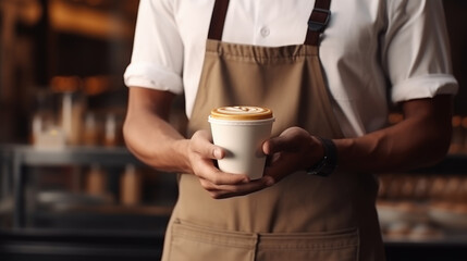 A barista in a brown apron is offering a takeaway coffee cup, focusing on the cup with a softly blurred background. - Powered by Adobe