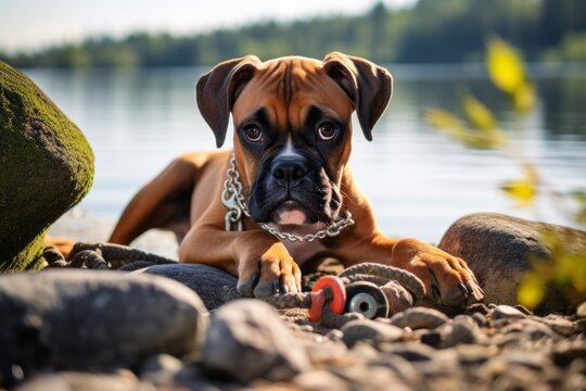 curious boxer dog playing with toys in lakes and rivers background