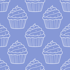 Cute cupcakes with cream and berries seamless pattern background.