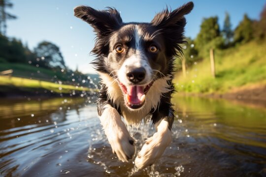 curious border collie running isolated on lakes and rivers background