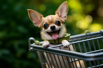 happy chihuahua sitting in a shopping cart isolated on botanical gardens background - obrazy, fototapety, plakaty