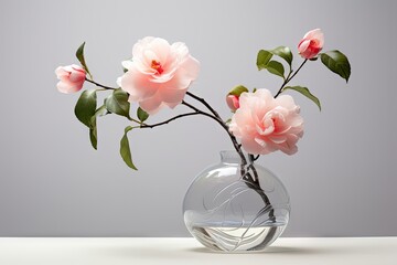  a vase filled with pink flowers sitting on top of a white table next to a gray wall in front of a gray wall.