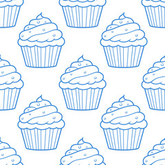 Cute cupcakes with cream and berries seamless pattern background.