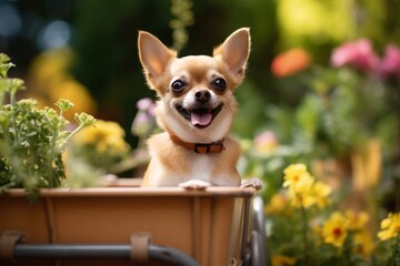 happy chihuahua sitting in a shopping cart in front of botanical gardens background