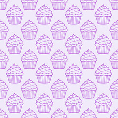 Cute cupcakes with cream and berries seamless pattern background.