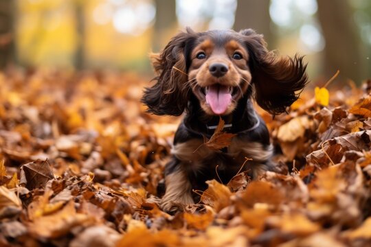 happy cocker spaniel playing in a pile of leaves in botanical gardens background