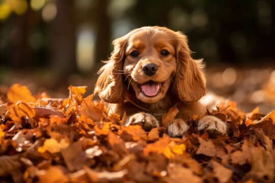 happy cocker spaniel playing in a pile of leaves on botanical gardens background