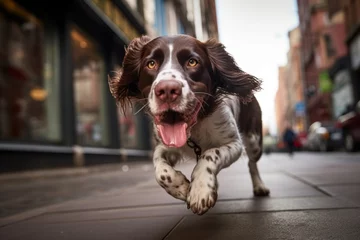 Foto op Canvas cute english springer spaniel lying down in urban streets and alleys background © Markus Schröder