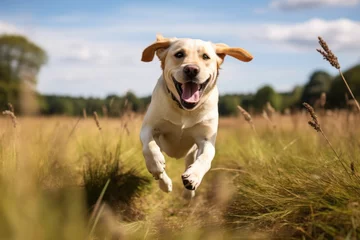 Wall murals Meadow, Swamp curious labrador retriever running isolated on open fields and meadows background