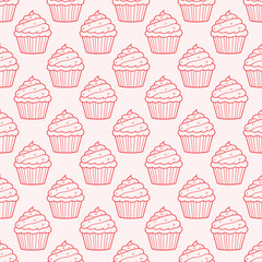 Cute cupcakes with cream and berries seamless pattern background.