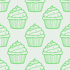 Cute cupcakes with cream and berries seamless pattern background.