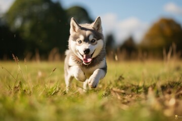 cute siberian husky chasing a squirrel on open fields and meadows background