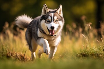 cute siberian husky chasing a squirrel isolated in open fields and meadows background