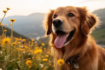 happy golden retriever smelling flowers isolated on mountains and hills background