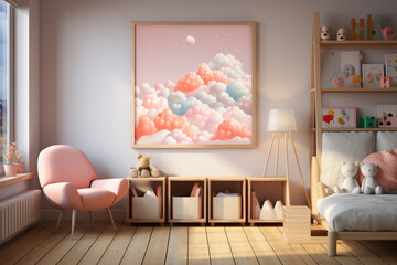 Bright teenage girl bedroom with big picture on the wall, mock up