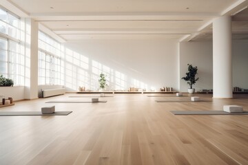 Yoga room pilates flooring mat empty interior gym window nobody modern - obrazy, fototapety, plakaty
