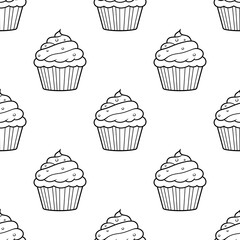 Cute cupcakes with cream and berries seamless pattern background.