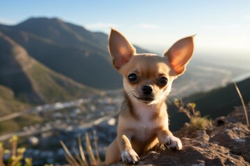 cute chihuahua giving the paw isolated on mountains and hills background