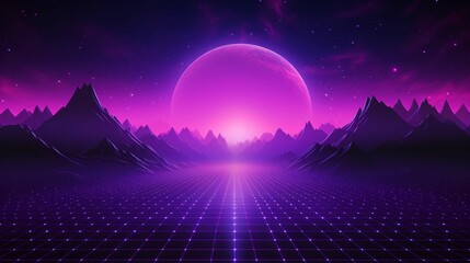 purple mountains, a pink sunset and a pink moon in the distance