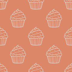 Cute cupcakes with cream and berries seamless pattern background.