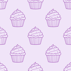 Cute cupcakes with cream and berries seamless pattern background.