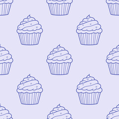Cute cupcakes with cream and berries seamless pattern background.
