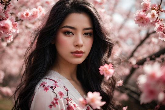 Mujer con fondo de flores de cerezo rosa