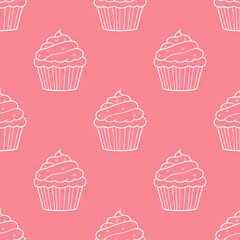 Cute cupcakes with cream and berries seamless pattern background.