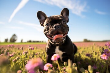 funny french bulldog having a flower in its mouth isolated in farms and ranches background - obrazy, fototapety, plakaty
