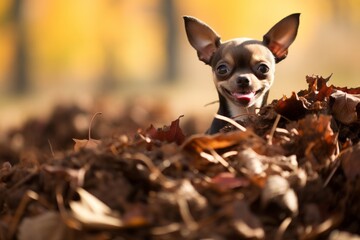funny chihuahua playing in a pile of leaves isolated on farms and ranches background