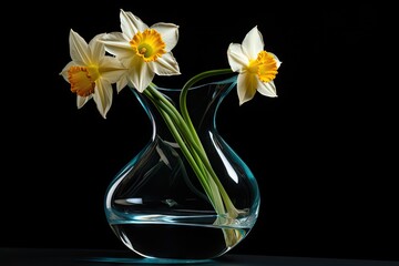  a glass vase filled with yellow and white flowers on top of a blue tableclothed tablecloth with a black background.
