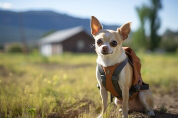 curious chihuahua carrying a backpack over farms and ranches background - obrazy, fototapety, plakaty