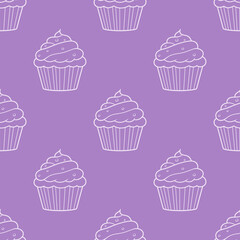 Cute cupcakes with cream and berries seamless pattern background.