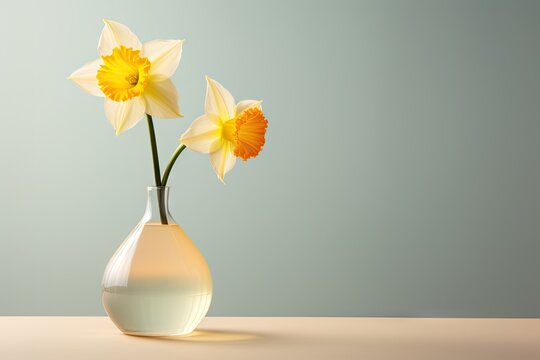 two yellow daffodils in a white vase on a table against a blue wall with a light green background.