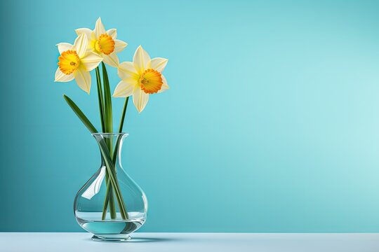  a glass vase filled with yellow flowers on top of a white table next to a teal blue wall and a light blue wall.