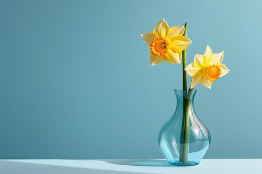  two yellow daffodils in a blue vase on a white table with a light blue wall in the background.