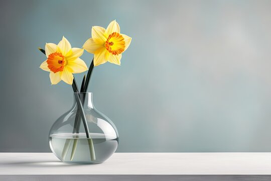 two yellow daffodils in a clear vase on a white countertop against a blue wall with a gray background.