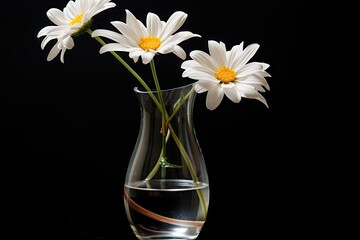  three white daisies are in a clear vase on a black surface, with water in the bottom of the vase.