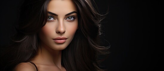 Fototapeta premium The stunning girl with her lustrous hair, flawless skin, and captivating eyes, posed for a portrait, radiating with an alluring blend of beauty, fashion, and a touch of sexy allure, perfectly