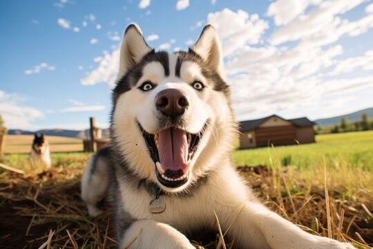 smiling siberian husky playing fetch in farms and ranches background