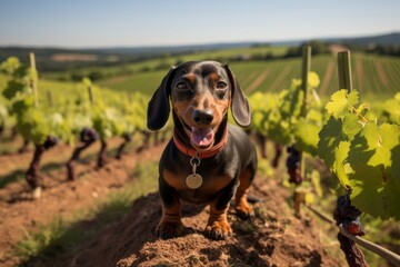 funny dachshund having a toy in its mouth isolated on vineyards and wineries background