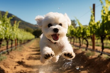 cute bichon frise shaking off water after swimming while standing against vineyards and wineries...