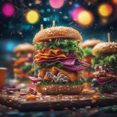burger, cheeseburger with vegetables burger, cheeseburger with vegetables tasty burger on a table