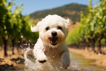 cute bichon frise shaking off water after swimming in vineyards and wineries background