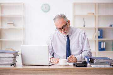 Naklejka premium Old male employee and too much work in the office