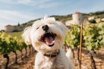 smiling maltese scratching ears over vineyards and wineries background