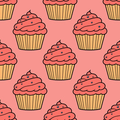 Cute cupcakes with cream and berries seamless pattern background.