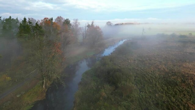 flying ofer foggy river by the forest on a sunny, chilly morning, drone fly-by footage