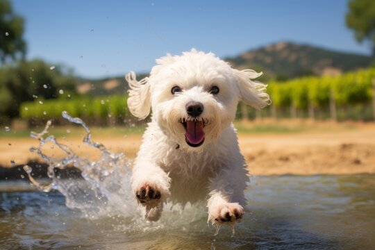 cute bichon frise shaking off water after swimming in front of vineyards and wineries background