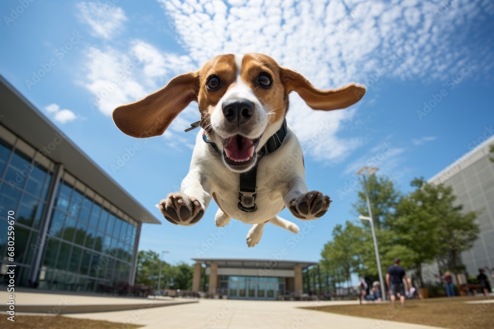 Wall mural cute beagle jumping isolated in museums with outdoor exhibits background